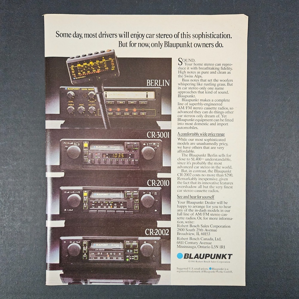 1981 Blaupunkt Robert Bosch Sales Corporation Vintage Print Ad Car Stereo Audio
